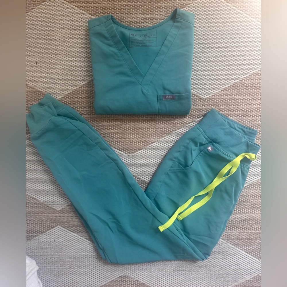 Figs Teal V Neck Scrub Top and Track Jogger Pants with Neon Yellow Drawstring